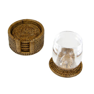 Rattan round coaster set in natural color, stacked in a woven holder