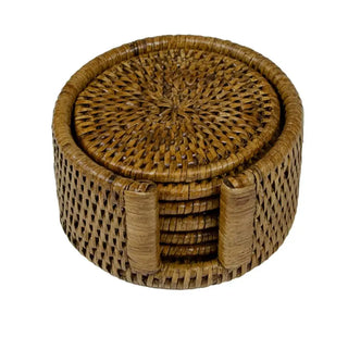 Rattan round coaster set in natural color, stacked coasters inside a woven round basket.