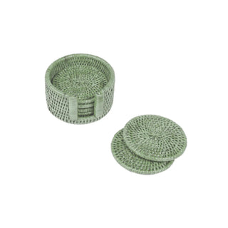 Rattan round coaster set in green, woven wicker design, 3 pieces.