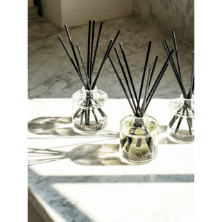 Reed diffuser set on marble surface; three clear glass bottles with black reeds, Blushed Bergamot scent