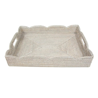 Large scalloped cream-colored rattan tray for serving and display