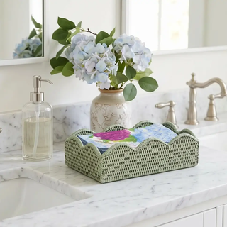 Blue Hydrangea Hostess Gift Set in a green wicker tray with a floral towel