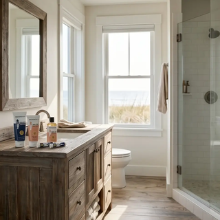 Hand Ritual Favorites Bundle with several hand care bottles on a rustic wooden bathroom vanity