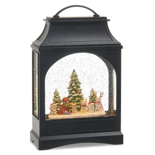Santa's Best Friend lighted water lantern featuring festive dog figures and Christmas trees inside a black lantern