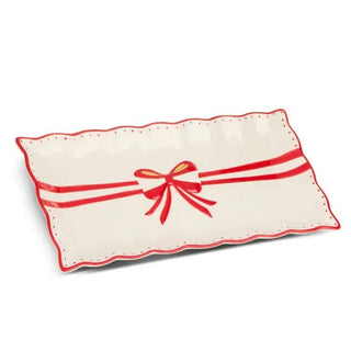 Red Bow Rectangle Plate, 13.5-inch white ceramic with red trim and bow
