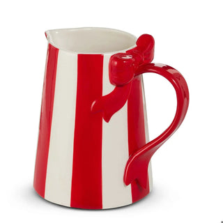 Striped Bow Pitcher, red-and-white ceramic with a red bow handle