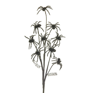 Black glitter spider spray holiday decor with multiple spiders on wired stems.