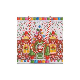 Gingerbread House small square gift bag with red-and-white candy-cane handles and colorful candy decorations.
