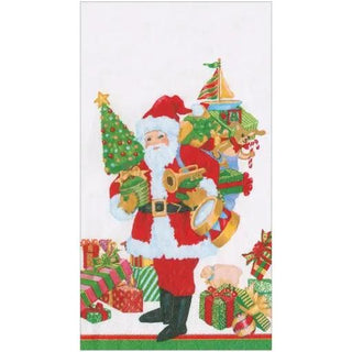 Guest towel napkin featuring red-suited Mr. Claus with festive gifts and tree