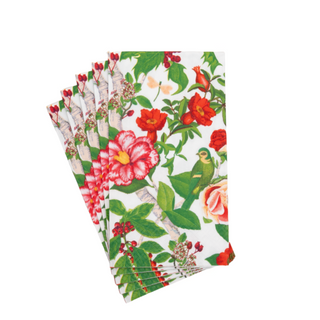 Guest towel napkin set of five, Christmas Chinoiserie White, white background with colorful floral pattern and birds.