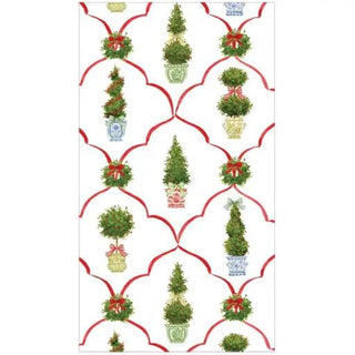 Guest towel napkins featuring Petit Jardin de Noel green topiaries in red arched frames on white background