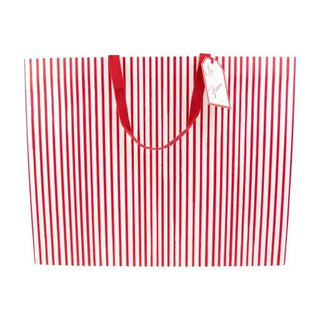 Jumbo gift bag with red and white stripes, red handles, and attached tag