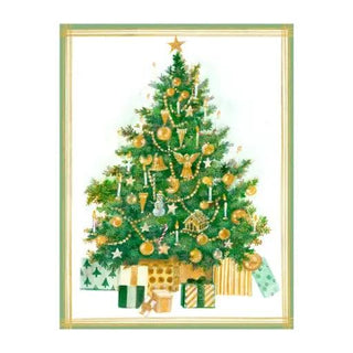 Golden Christmas Tree boxed holiday cards, green tree with gold ornaments and wrapped gifts