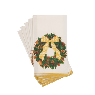 Guest towel napkins with magnolia wreath and gold striped border, set of five.