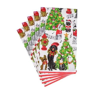 Guest towel napkin set of five featuring caroling pets, Christmas trees and music notes in red, green, white.