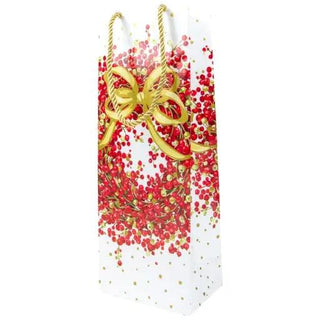 Pepperberry White bottle bag featuring red berry design, gold bow, rope handles on white background