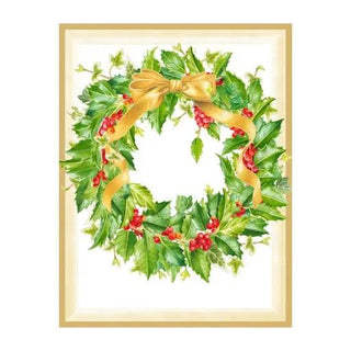 Holly wreath boxed holiday cards with a gold-framed wreath of green holly, red berries, and a gold ribbon.
