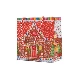 Gingerbread house small square gift bag, red with white icing designs and candy cane handles.
