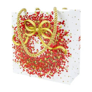 Pepperberry White small square gift bag with red berry print and gold rope handles