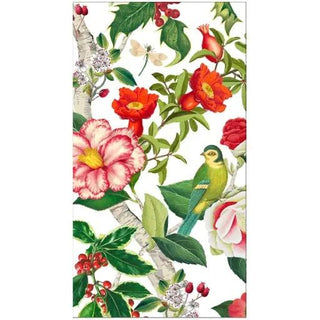 Guest towel napkin with Christmas chinoiserie floral print on white background featuring birds