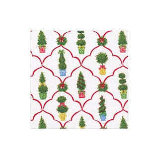 Cocktail napkin with Petit Jardin De Noel pattern, Christmas trees in colored pots on white with red lattice.