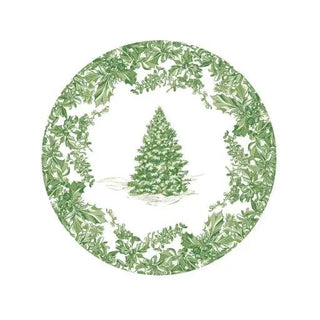 Salad/Dessert plate featuring sage green Christmas tree toile border on white with a centered tree motif.