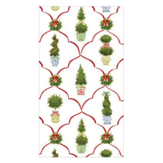 Guest towel napkin featuring Petit Jardin De Noel motif with potted topiaries and red ribbons on white background