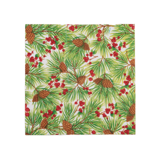Cocktail napkin with evergreen needles, red berries and pinecones on white background.