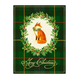Tartan Fox holiday card featuring a fox inside a wreath on green plaid background with gold Merry Christmas script.