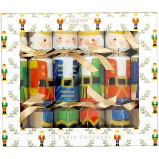 Painted Nutcrackers Mini Party Crackers 12-pack in a clear-window box with colorful nutcracker figures and gold ribbons