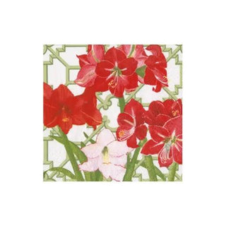 Cocktail napkin featuring Amaryllis Conservatory design with red flowers on a green lattice background