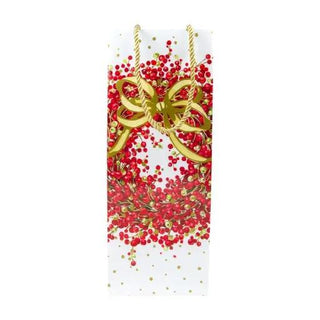 Pepperberry White Bottle Bag with red berries and a gold bow