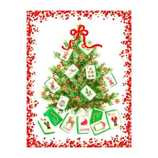 Christmas Mahjong boxed holiday cards set featuring a decorated Christmas tree with Mahjong tiles around the base