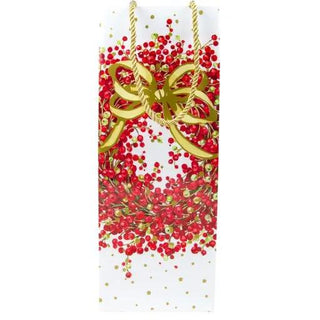 Pepperberry White bottle bag with red pepperberry motif and gold bow on white background