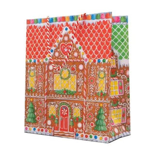 Gingerbread House gift bag, large size with colorful gingerbread house pattern and candy trim.