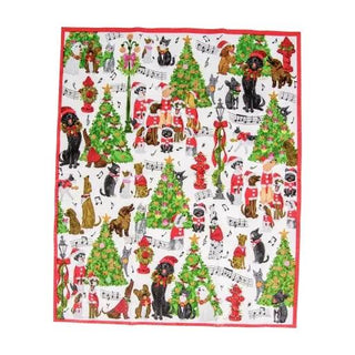 Guest towel napkin with festive Caroling Pets print showing dogs, cats and Christmas trees with a red trim