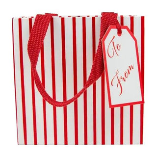 Small square gift bag with red and white vertical stripes, red handles, tag labeled To From