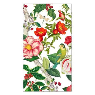 Guest towel napkin with Christmas chinoiserie botanical print on white background; vivid red flowers and green birds.