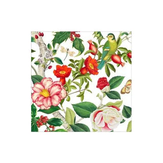Cocktail napkin featuring Christmas chinoiserie floral print on white with red and pink blossoms and green leaves.