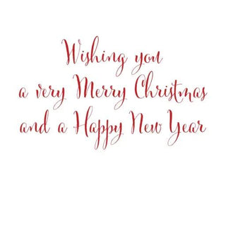 Boxed holiday cards with red script greeting Wishing you a very Merry Christmas and a Happy New Year on white background.