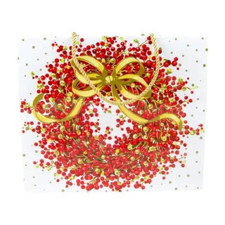 Pepperberry White large gift bag with red berry wreath and gold bow on white background