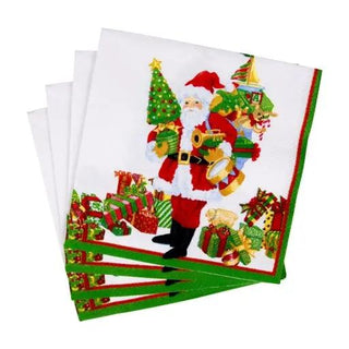 Cocktail napkin set featuring Mr. Claus with gifts and Christmas tree in red and green (4 napkins)