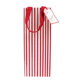 Bottle bag with red/white vertical stripes and red handles