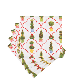 Cocktail napkins featuring Petit Jardin De Noel pattern with colorful potted trees on white background