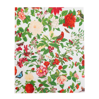 Guest towel napkin with a white background and a vibrant Christmas chinoiserie floral print in red, pink, and green.