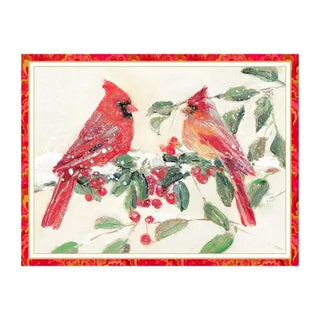 Two Cardinals boxed holiday cards with red border and berry branches.