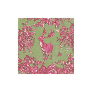 Cocktail napkin with stag toile design in raspberry on sage green background, paper linen.