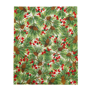 Guest towel napkin on white background with evergreen pine pattern and red berries.