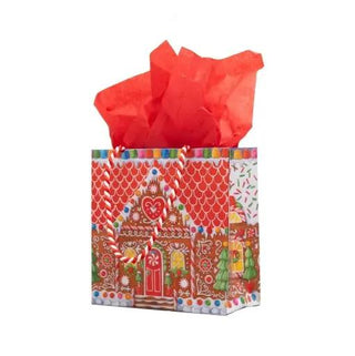 Gift bag, small square gingerbread house design with red tissue paper and festive pattern.