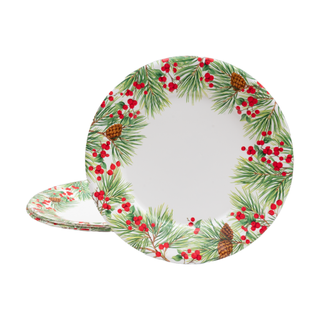 Dinner plates, Evergreen and Berries White pattern with pine needles and red berries; 2 plates